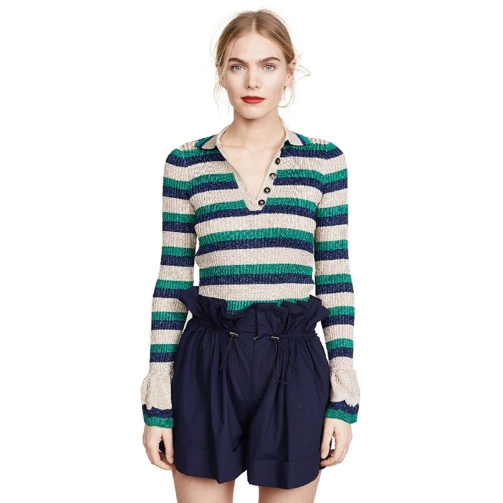 Baum Und Pferdgarten Womens Cliantha Polo Knit Top Goldlurex Stripe Size XS